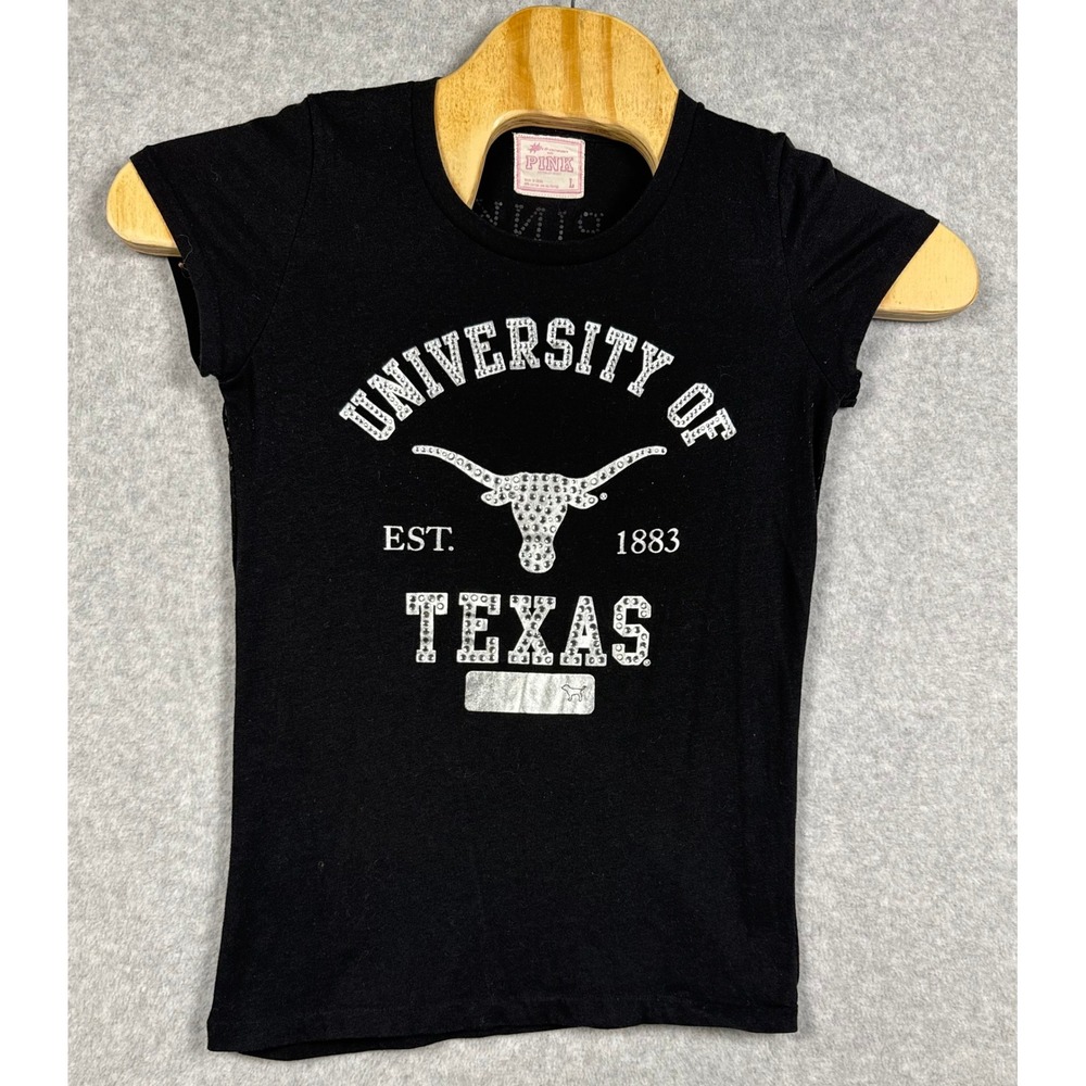 PINK T-Shirt Womens Large Black UT Texas Longhorns Rhinestone Tee